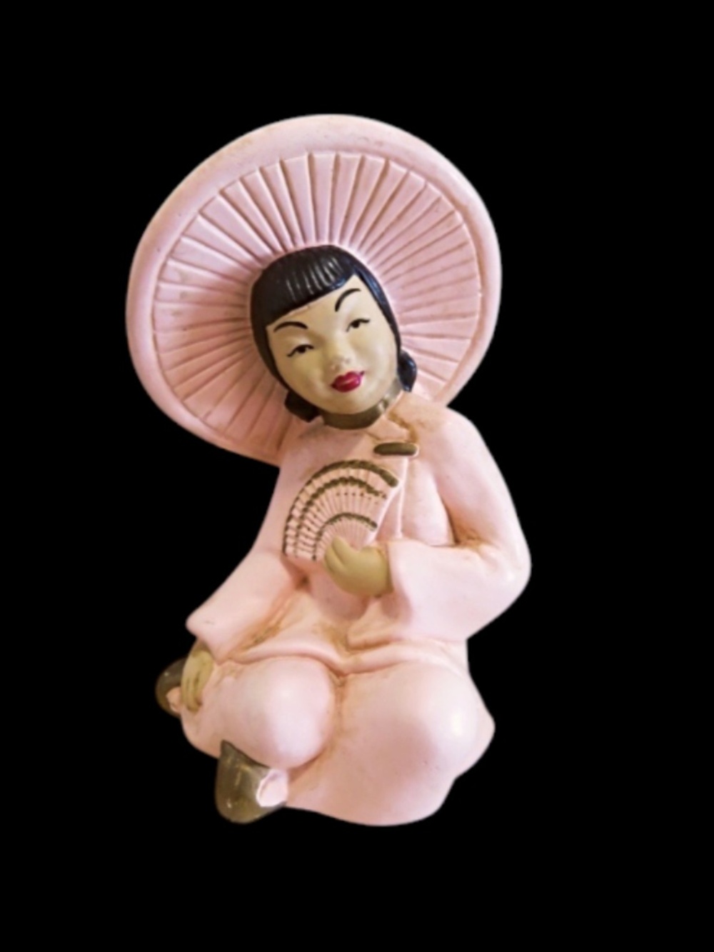 2 MID CENTURY Asian Oriental Chalkware Figurines, Light Pink, 1950s Decor - Picture 3 of 5